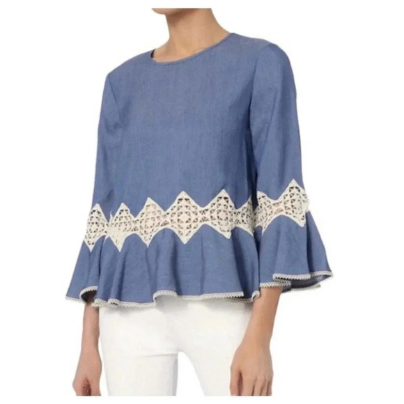 Jonathan Simkhai Blue Lace Inset Trumpet Sleeve Chambray Blouse Size XS - Picture 1 of 9